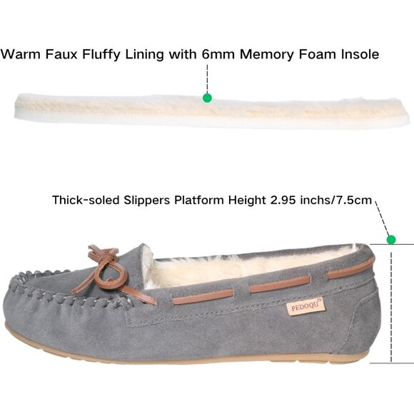 Women's Gray Leather Faux Fur Pile lined lace Up Cozy Bow Warm Slippers Shoes - Picture 4 of 5